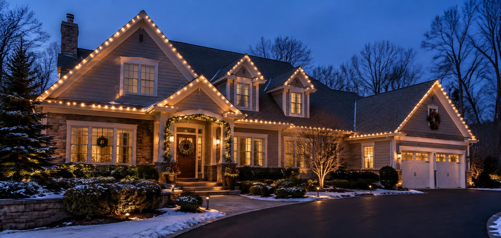 Holiday lights professionally installed along a home roofline