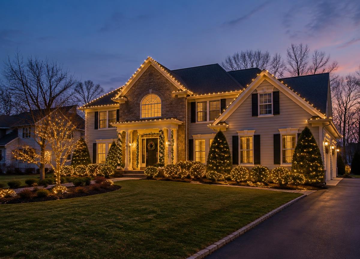 Professionally installed holiday lights on a home